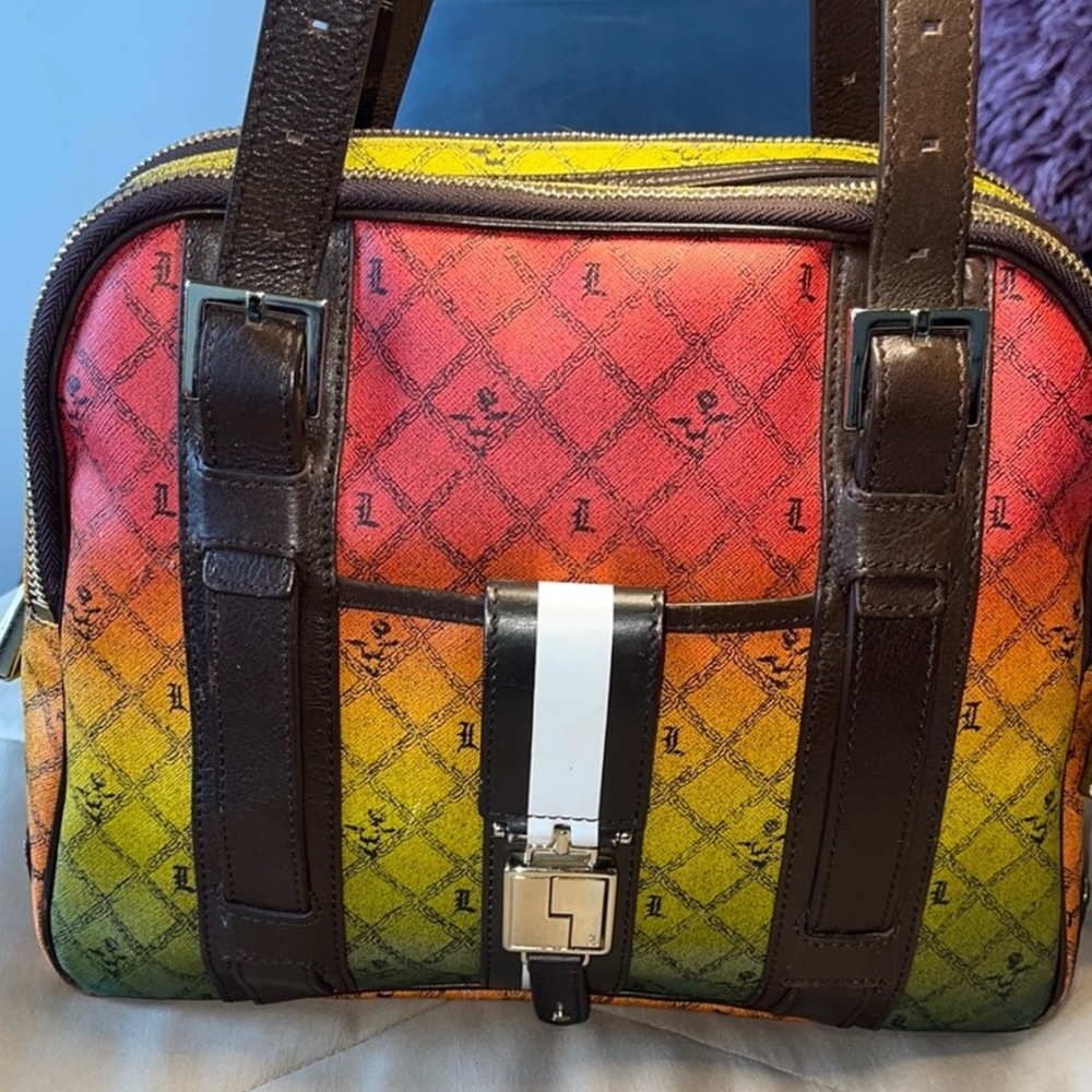 Sale 🔥 L.A.M.B. Red, Yellow, Green Leather Bowler Bag with Rasta Ombré Canvas.